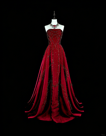 Vintage 1780s A line Strapless Dark Redd Sleeveless With Beadings Long Prom Dresses N1600