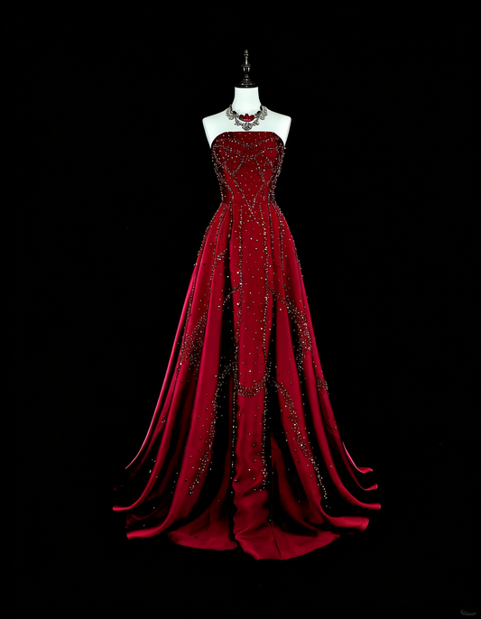 Vintage 1780s A line Strapless Dark Redd Sleeveless With Beadings Long Prom Dresses N1600