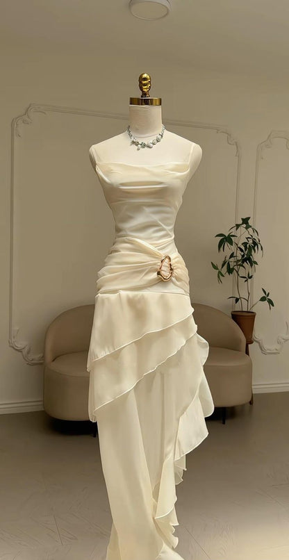 Elegant Pink Vintage Spaghetti Strap Long Chiffon Prom Dress Evening Dress Party Dress N1869