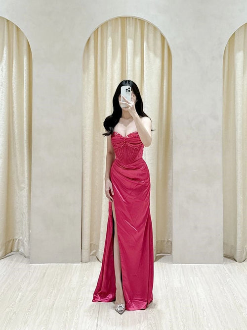 Modest Mermaid Sweetheart Hot Pink Satin Slit Long Formal Prom Dresses Night Outfits Party Gowns AB2191