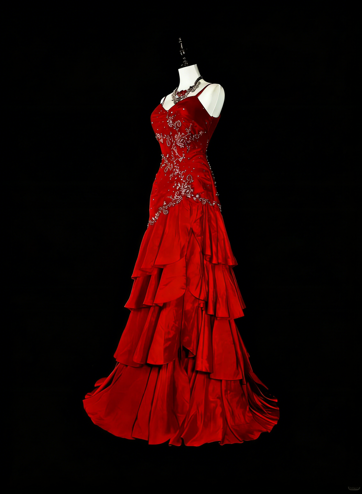 Vintage 1980s Mermaid Spaghetti Straps Red With Appliques Sleeveless Long Prom Formal Dresses N1601