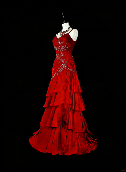 Vintage 1980s Mermaid Spaghetti Straps Red With Appliques Sleeveless Long Prom Formal Dresses N1601