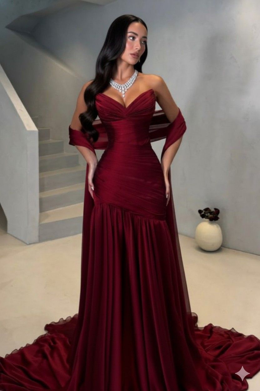 Elegant Mermaid Sweetheart Burgundy Sleeveless With Scarf Formal For Black Women Girls Teens Prom Dresses N2278