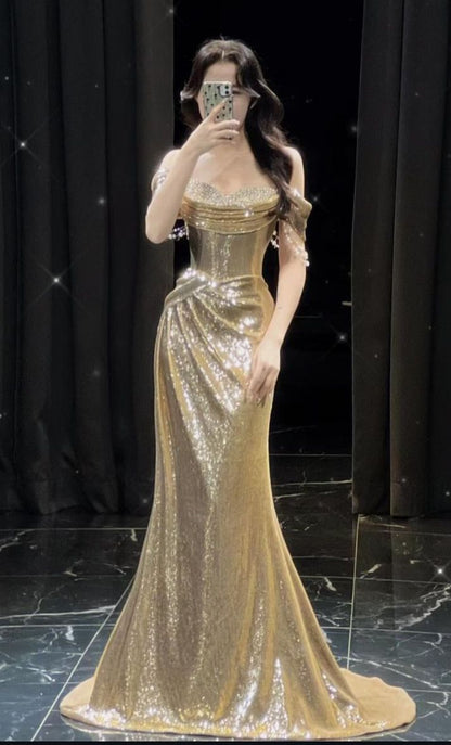 Mermaid Trumpet Floor Length Prom Dresses Evening GownFormal Dress Vintage Glittering Party Gown N1775
