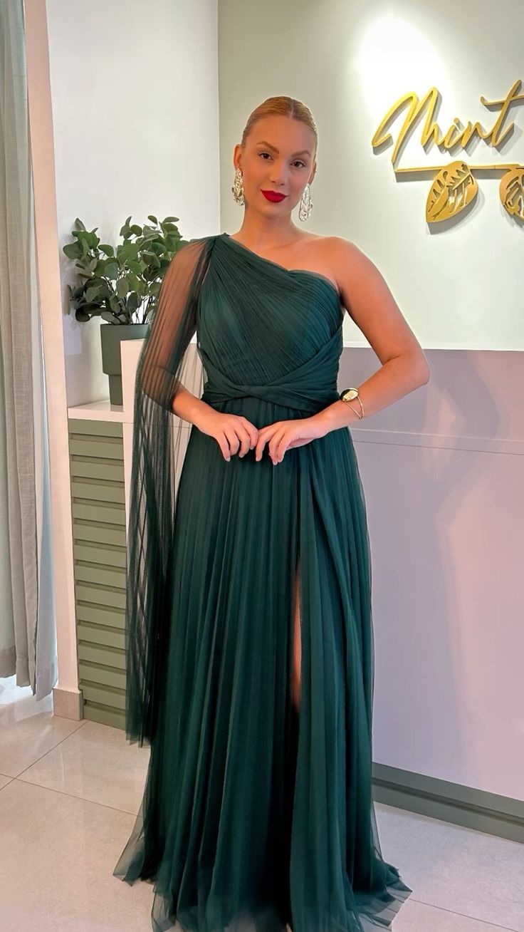 Women's Cocktail Party Gowns A line One Shoulder Dark Green Tulle With Slit Pleated Long Graduation Dinner Outfit Prom Dresses AB1894