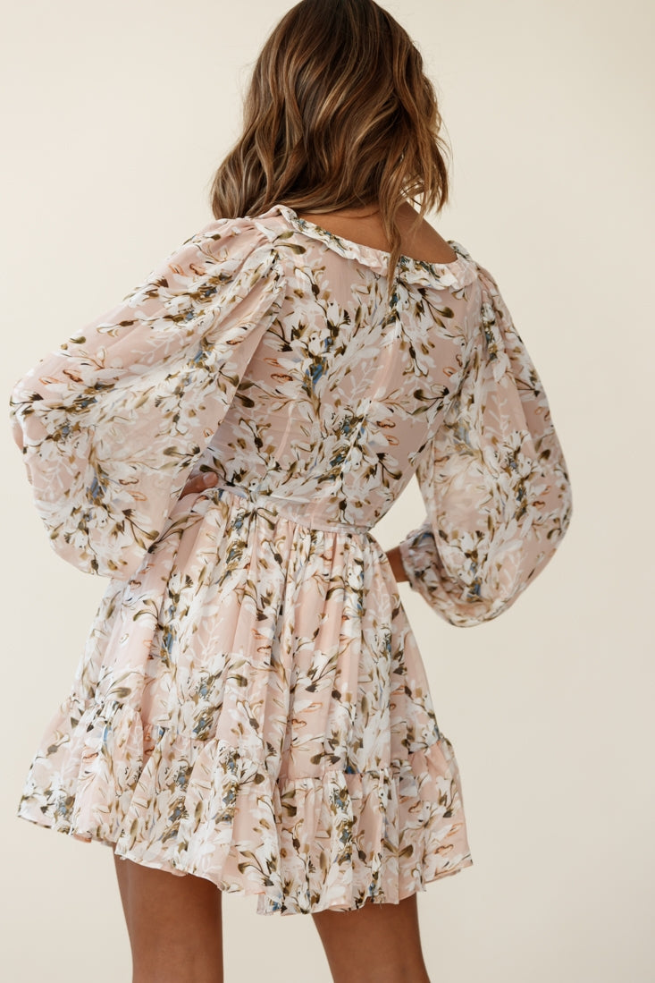 Athaliah Shirred Bust Balloon Sleeve Dress Floral Print Nude