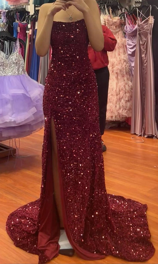 Sexy Mermaid Spaghetti Straps Burgundy Sequin Inspo With High Split Formal Party Gowns Long Prom Dresses AB1770