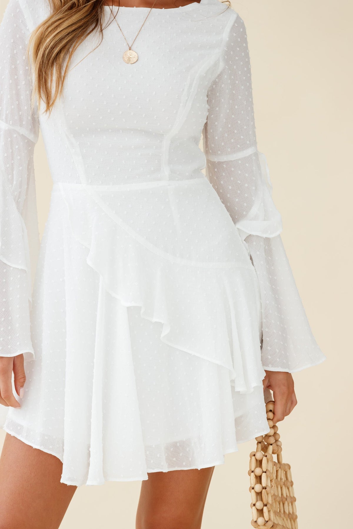 Carlini Flared Sleeve Boat Neckline Dress White