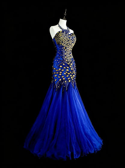 Vintage Mermaid Sweetheart Royal Blue 70s Tulle Long Prom Gown Party Wear Dresses N1833