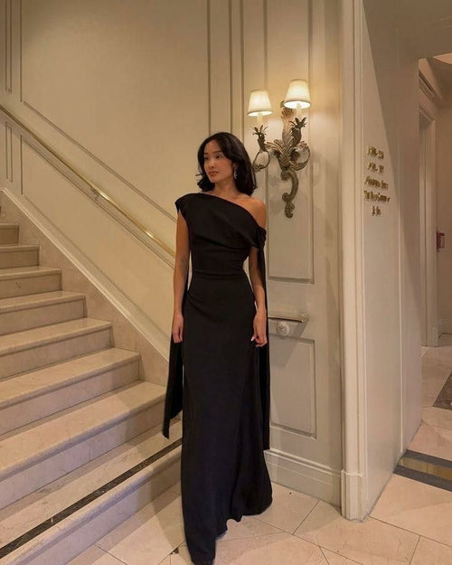 Women's Cocktail Party Gowns Mermaid One Shoulder With Pleated Ruched Black Long Graduation Dinner Outfits Prom Dresses AB1877