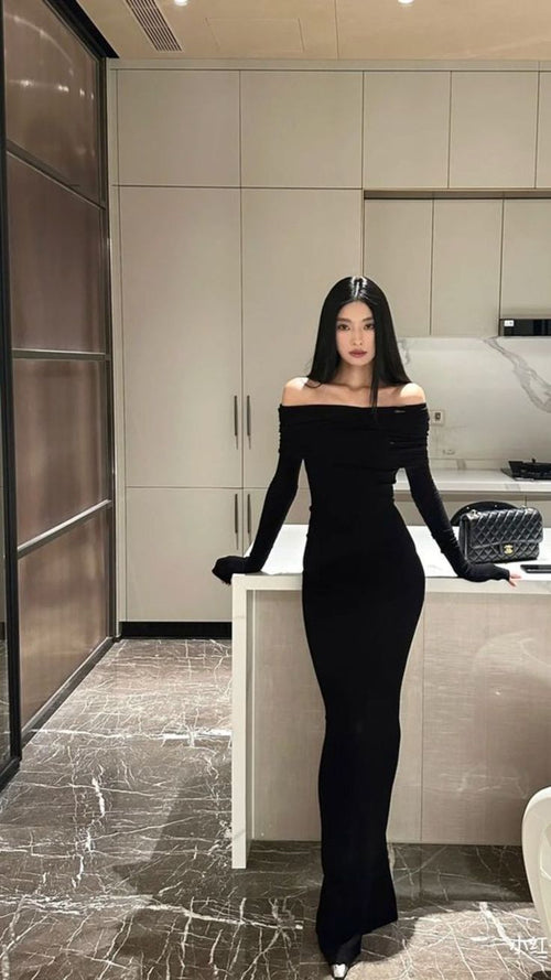Classy Black Dress Party Outfits Mermaid Off The Shoulder Engagement Prom Floor Length Fall Wedding Guest Birthday Outfits AB2392