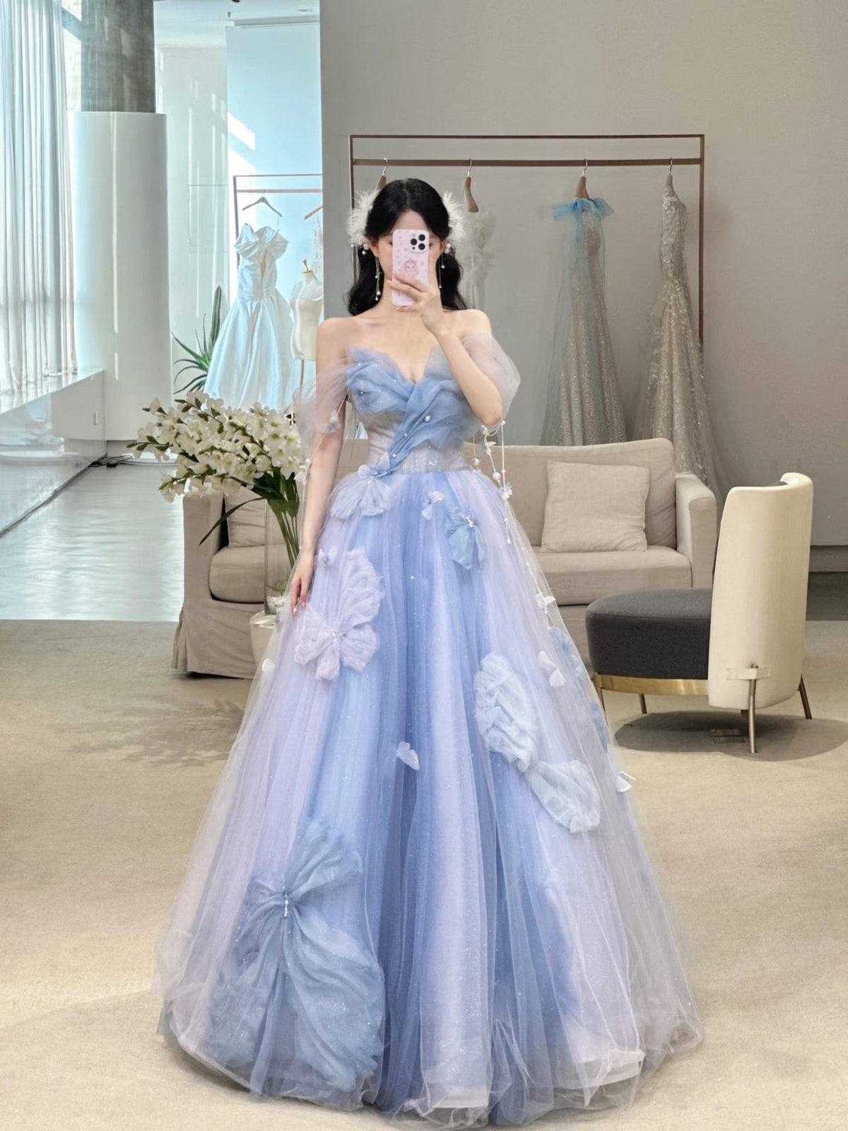 Ball Gowns Prom Dress Women Sweetheart Blue Tulle Long Formal Dance Evening Party Gowns AB1733