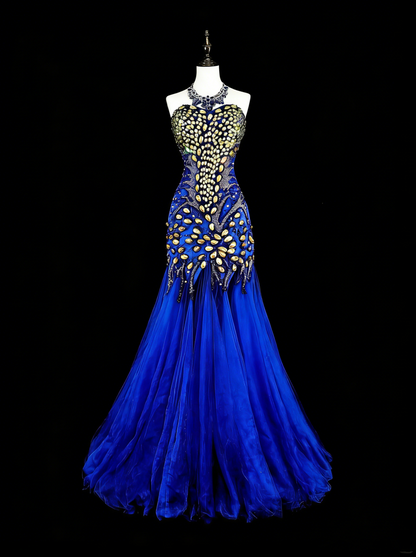 Vintage Mermaid Sweetheart Royal Blue 70s Tulle Long Prom Gown Party Wear Dresses N1833