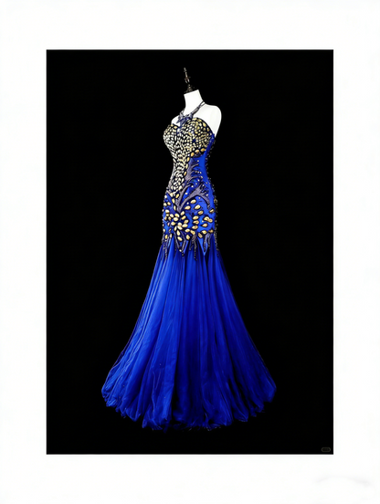 Vintage Mermaid Sweetheart Royal Blue 70s Tulle Long Prom Gown Party Wear Dresses N1833