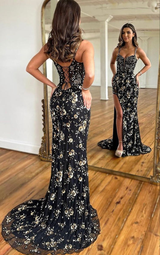 Chic Mermaid Spaghetti Straps Black Sleeveless Prom Dress Long With Lace N2123