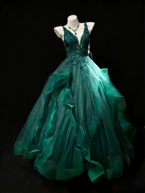 Modest Prom Dresses Ball Gown V Neck Dark Green Tulle With Appliqued Long Quince Dress N3057