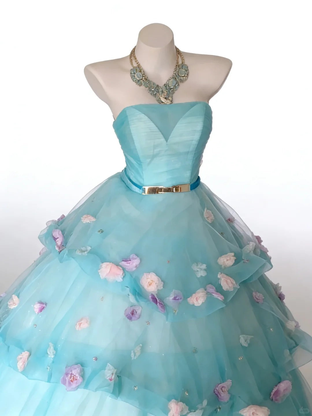 Modest Prom Dresses Ball Gown Strapless Light Sky Blue Tulle With Flowers Long Quince Dress N2969