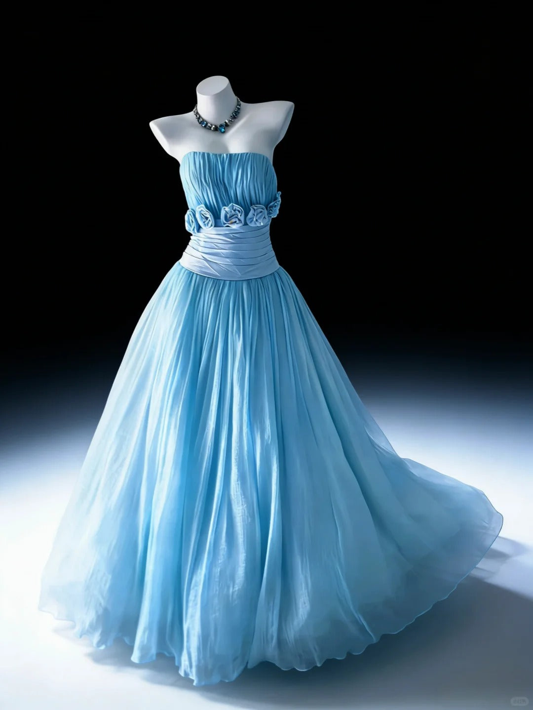Modest Prom Dresses Ball Gown Strapless Blue Tulle With Ruffled Flowers Long Quince Dress N3051