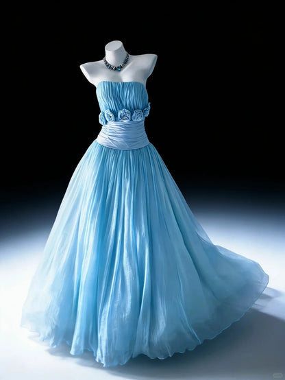 Modest Prom Dresses Ball Gown Strapless Blue Tulle With Ruffled Flowers Long Quince Dress N3051