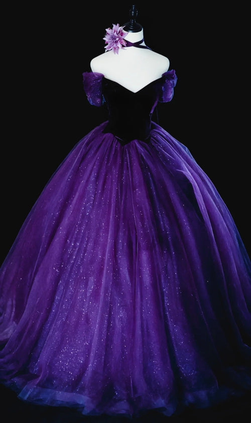 Modest Prom Dresses Ball Gown Off The Shoulder Purple Tulle With Sleeves Long Quince Dress N2966