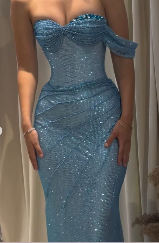 Dream Mermaid Sweetheart Aesthetic Sheath Long Prom Dresses Mesh Blue Evening Dresses RB1668