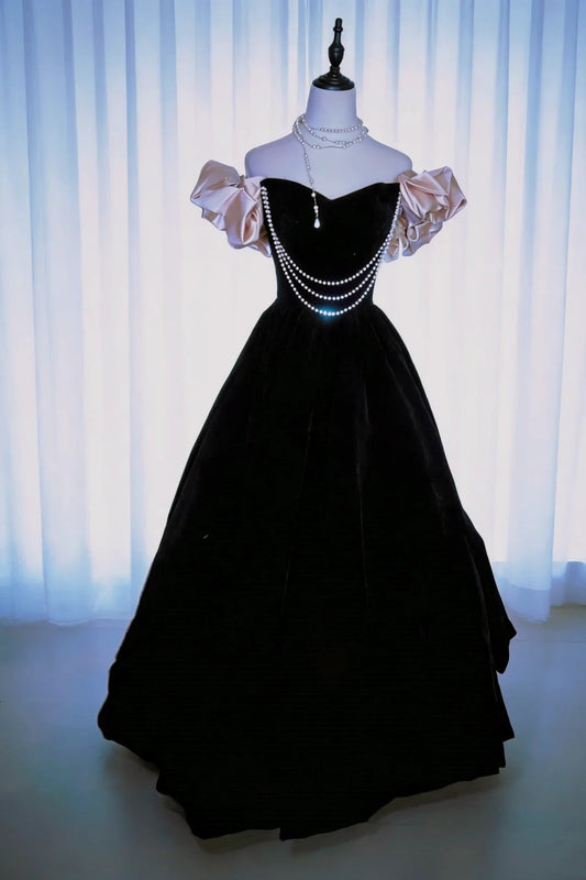 Modest Prom Dresses Ball Gown Off The Shoulder Satin Black Pink Satin With Sleeves Long Quince Dress N2964