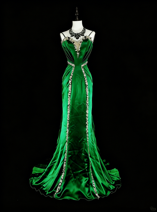 Vintage Mermaid Spaghetti Straps Green Satin Backless Long Gowns Formal 18th Birthday Party Prom Dresses N1750