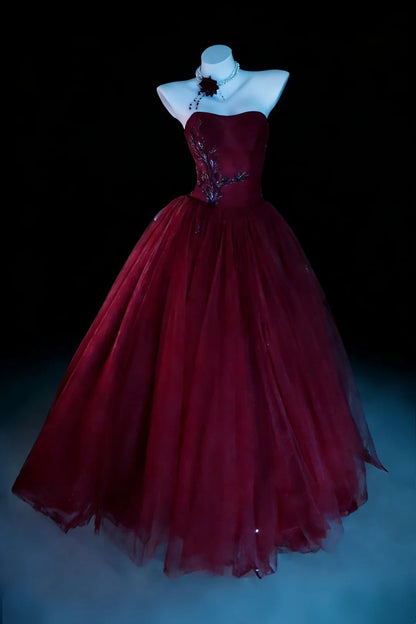Modest Prom Dresses Ball Gown Sweetheart Burgundy Tulle With Beads Long Quince Dress N2962