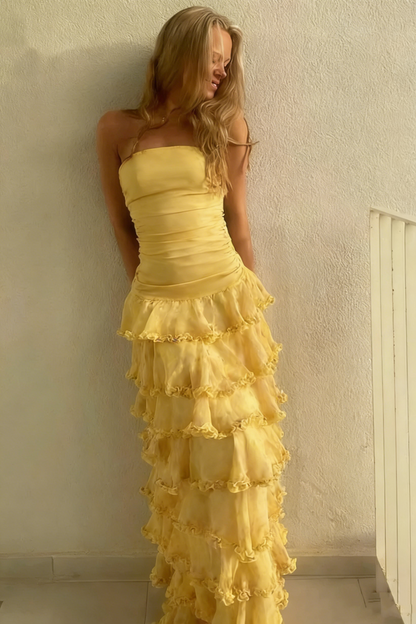 Modest Sheath Strapless Yellow Chiffon Long Prom Dresses Party Dress 20th Birthday Outfits Graduation Dress N1615