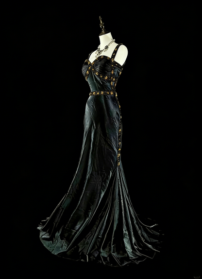 Vintage 1960s Mermaid Sweetheart Black With Straps Sleeveless Long Prom Formal Dresses N1591