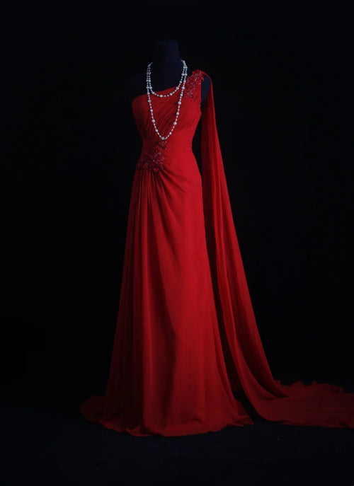Vintage A line One Shoulder Red Chiffon Sleeveless Summer Formal For Women Girls Teens Prom Dresses N2246