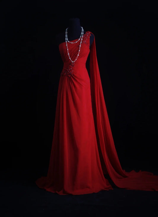Vintage A line One Shoulder Red Chiffon Sleeveless Summer Formal For Women Girls Teens Prom Dresses N2246