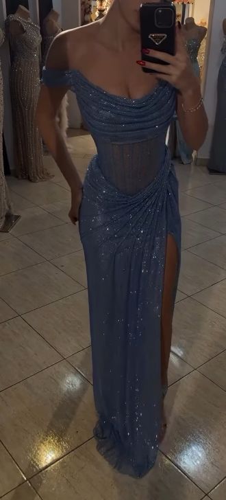 Sparkly Mermaid Off The Shoulder Blue Sequin Long Slit Evening Party Gowns Evening Dress Special Formal Dresses Prom Dress AB1673