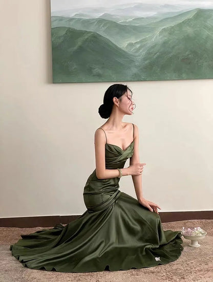 Stunning Chic Mermaid Spaghetti Strap Dark Green Satin With Pleated Formal Dress Long Prom Dresses N2823