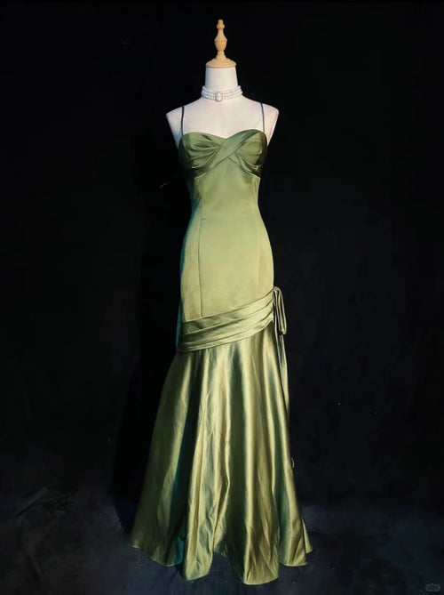 Stunning Chic Mermaid Spaghetti Strap Dark Green Satin With Pleated Formal Dress Long Prom Dresses N2823