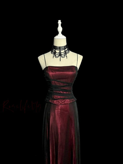 Beautiful Prom Dresses A line Burgundy Spaghetti Strap Black Tulle Long Evening Outfits N3434