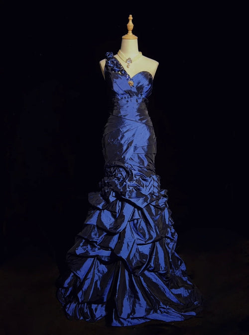 Vintage Prom Dresses Inspo Mermaid 90s One Shoulder Navy Blue With Ruffled For Women Formal Dress N3267