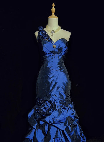 Vintage Prom Dresses Inspo Mermaid 90s One Shoulder Navy Blue With Ruffled For Women Formal Dress N3267