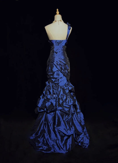 Vintage Prom Dresses Inspo Mermaid 90s One Shoulder Navy Blue With Ruffled For Women Formal Dress N3267