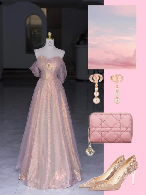 Modest Prom Dresses A Line Off The Shoulder Pink Tulle With Sleeves Long Formal Dress N2982