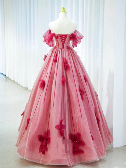 Pretty Prom Dresses Ball Gown Off The Shoulder Red Tulle With Flowers Long Formal Gown N2937