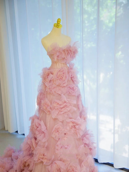 Elegant Ball Gown Strapless Pink Tulle Long Formal Dress 18th Birthday Prom Dresses N2849