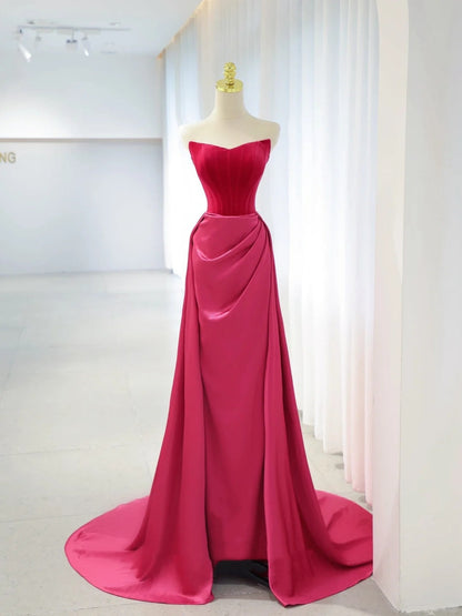 Beautiful Prom Dresses Mermaid Strapless Hot Pink Satin With Folded Long Formal Gown N2934