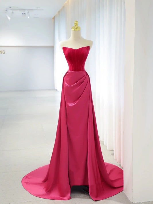 Beautiful Prom Dresses Mermaid Strapless Hot Pink Satin With Folded Long Formal Gown N2934