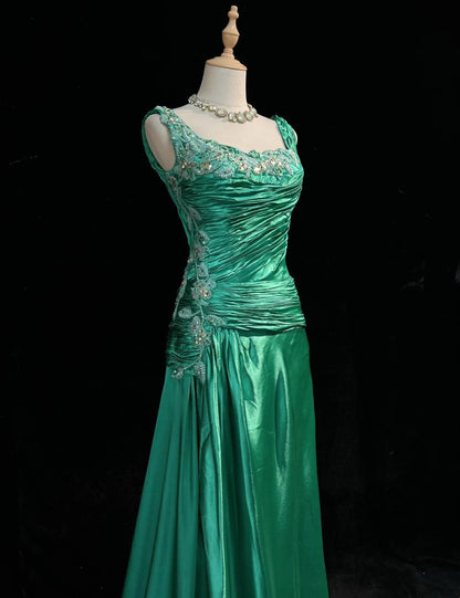 Vintage Prom Dresses Inspo Mermaid Square Neck Green Satin 90s With Appliqued For Women Formal Gowns N3332