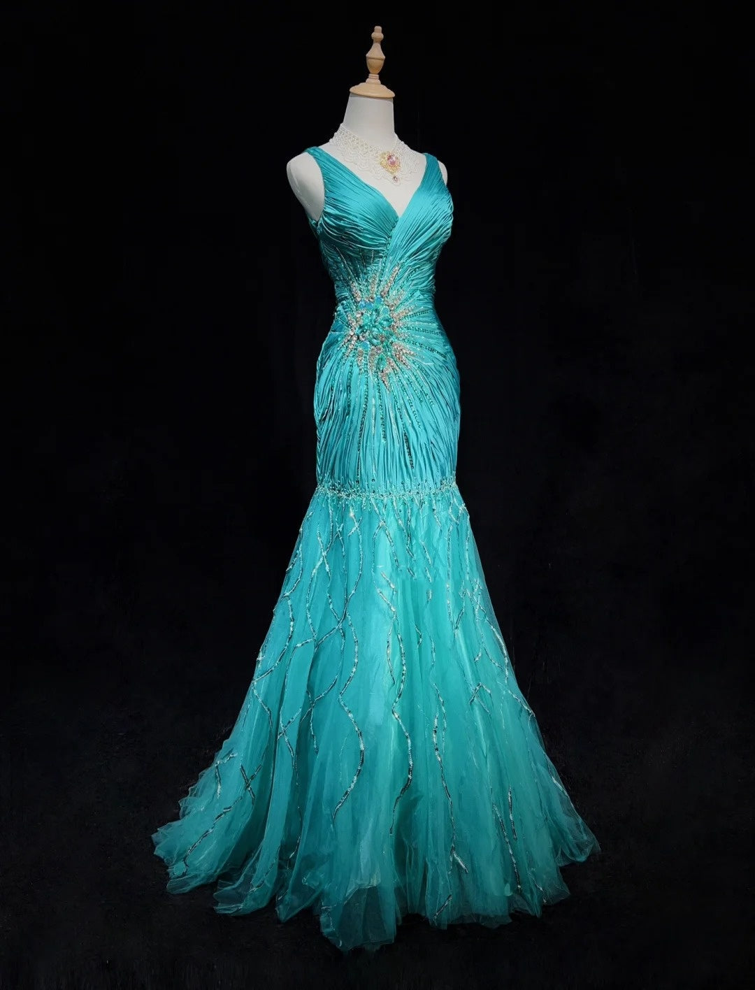 Modest Prom Dresses Inspo Mermaid V Neck Blue With Ruffled Beading For Women Formal Dress N3234