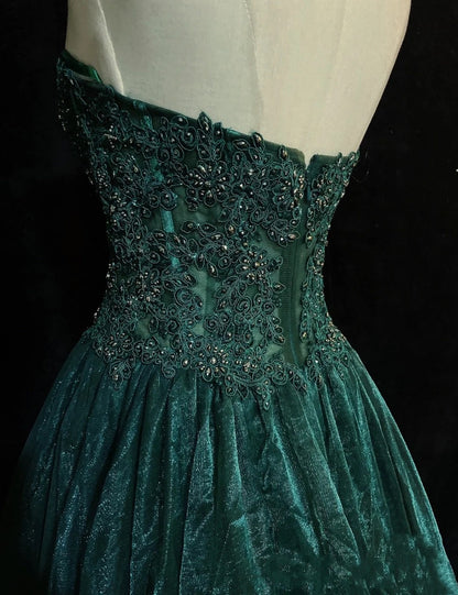 Modest Prom Dresses Ball Gown Strapless Dark Green With Lace Appliqued Long Evening Outfits N3451