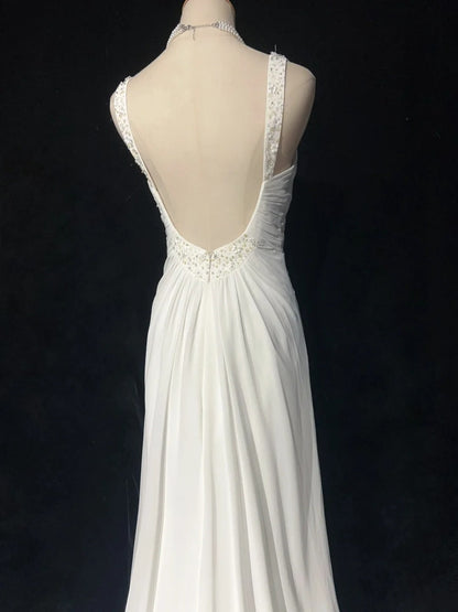 Simple White Prom Dresses A line V Neck Chiffon Sleeveless With Beaded Semi Formal Evening Dress N3820