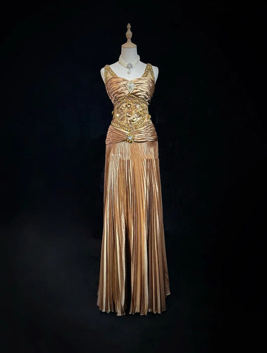 Vintage Prom Dresses Inspo A line V Neck With Gold Ruffled Beading For Women Formal Dress N3235
