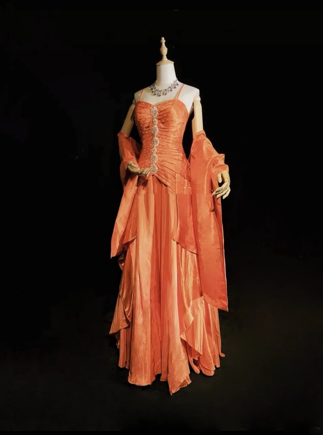 Vintage Prom Aesthetic Dresses A Line Spaghetti Strap Orange Satin With Beading Long Formal Dance Dress N3007